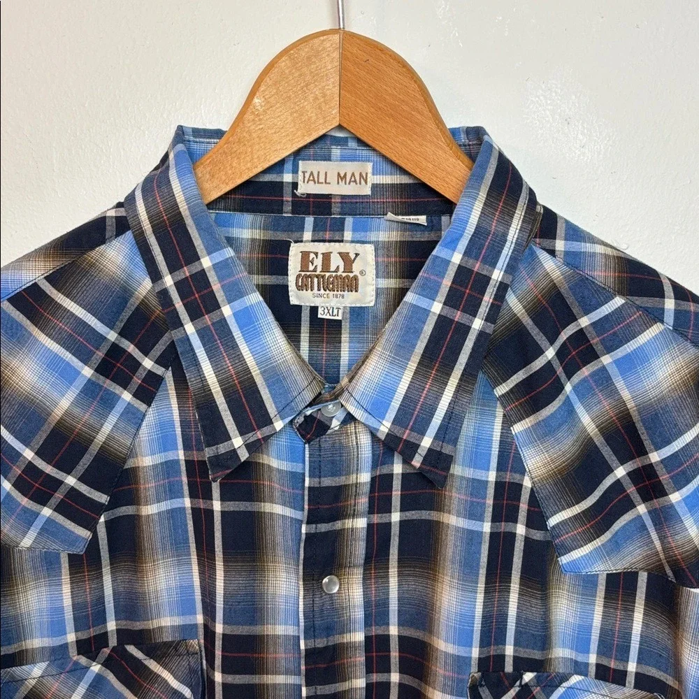 VTG Ely Cattleman Men's Long Sleeve Tall Pearl Snap Shirt Blue Plaid‎ 3XLT